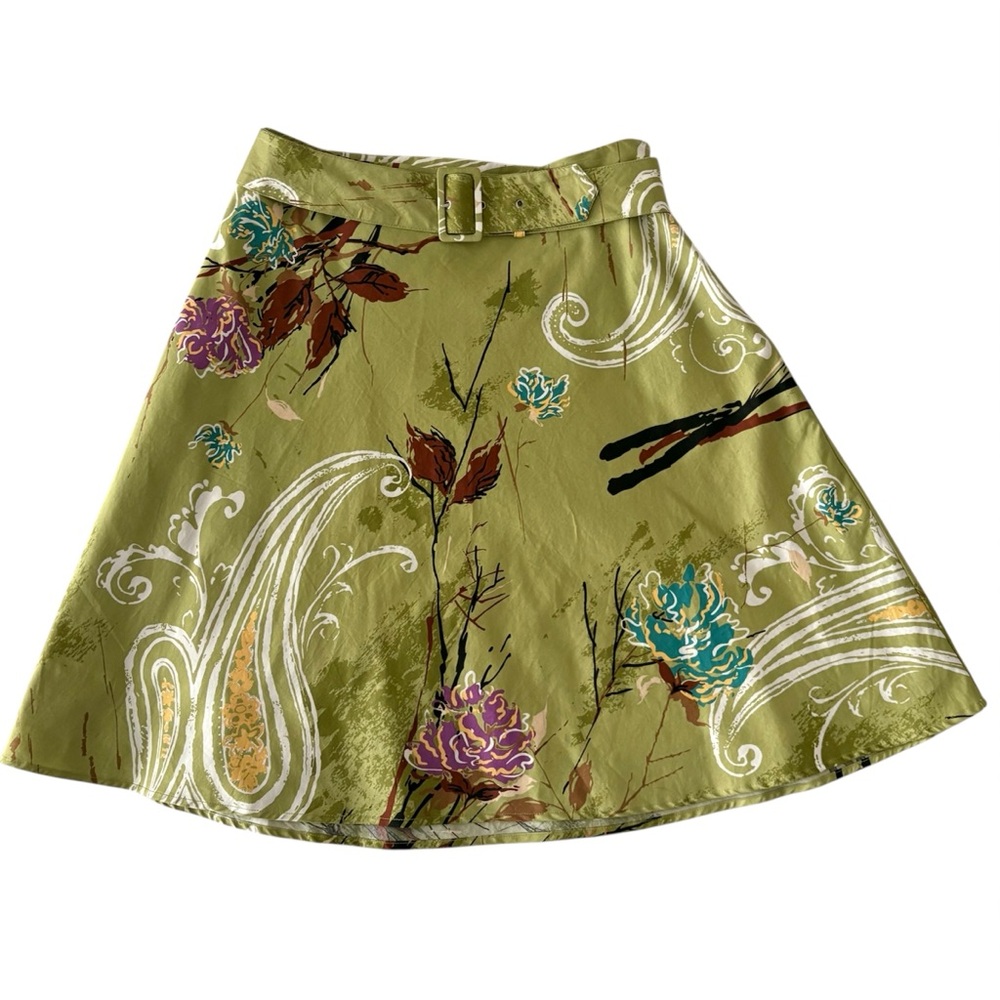 Womens Y2K Tropical Green A-Line Botanical Paisley Midi Skirt w/Belt Size 6